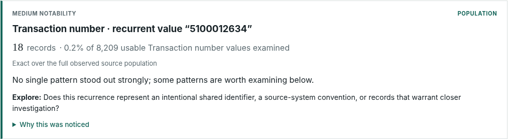 Preflight report finding for transaction number 5100012634, showing 18 records in 8,209 usable values and no single strong explanatory pattern